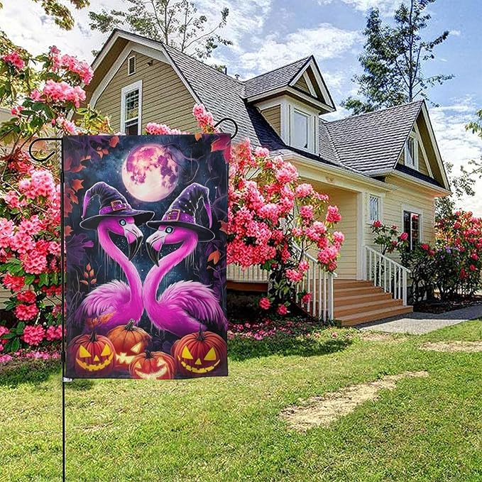 Flamingo Halloween Garden Flag Vertical Double Sided Outdoor Yard Flags 12.5x18 Inch Burlap Banners for House Lawn