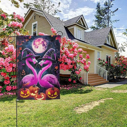 Flamingo Halloween Garden Flag Vertical Double Sided Outdoor Yard Flags 12.5x18 Inch Burlap Banners for House Lawn