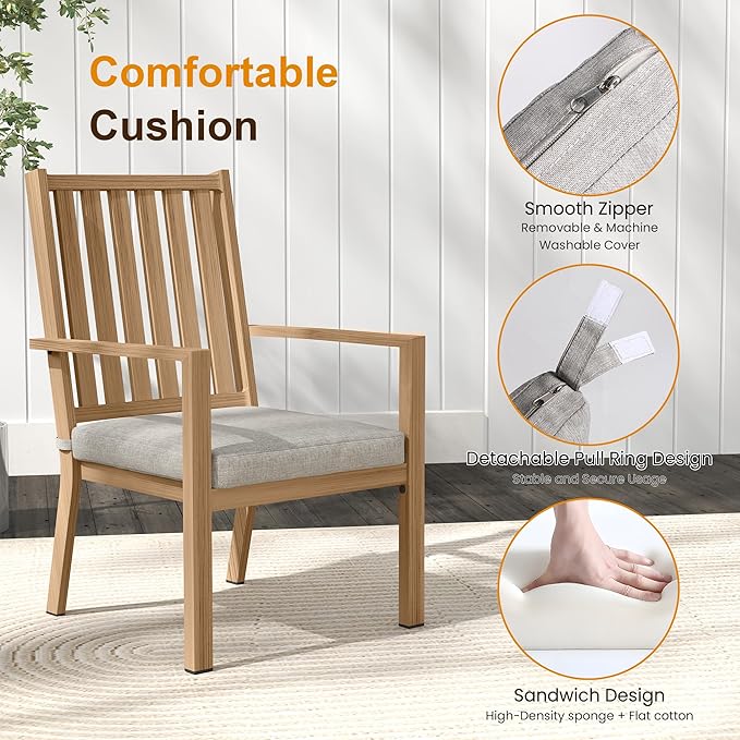 Patio Dining Chair Set of 2, Aluminum Outdoor Dining Chairs with Waterproof Cushions, Metal Outdoor Patio Furniture Seating for Porch, Balcony, Deck, Backyard, Light Wood Color