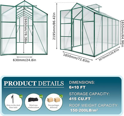 86in High 6*10.2FT Greenhouse for Outdoors, Polycarbonate Greenhouse with Stronger Wind Protection and Roof Vent, Walk-in Large Aluminum Sunroom Winter Proof, Green