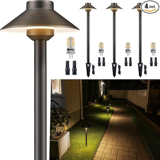 Gardenreet Low Voltage Landscape Lighting Brass - 12v Pathway Lights Waterproof, Hard Wired Path Light Outdoor, Mushroom Bronze for Exterior Area Patio House with 3W 5000K Daylight G4 Bulb (4 Pack)