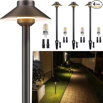 Gardenreet Low Voltage Landscape Lighting Brass - 12v Pathway Lights Waterproof, Hardwired Path Light Outdoor, Antique Bronze for Exterior Patio Garden with 3W 2700K Warm White G4 Bulb (4 Pack)