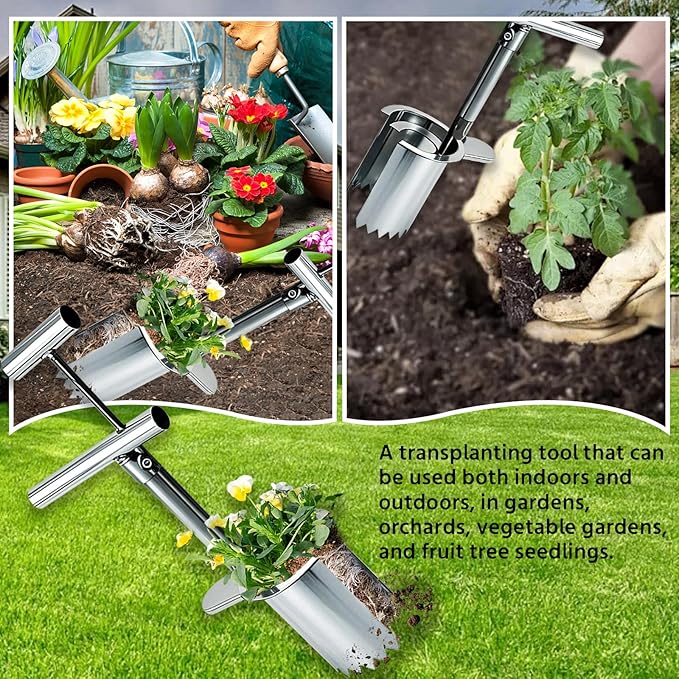 Bulb Planter Tool,new Stainless Steel plant seedling transplanter,Equipped with a foot pedal garden transplanter tool. Including plant support rods and twist ties,use for flowers fruit tree seedlings
