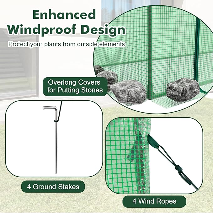 Happygrill Mini Greenhouse, Walk-in Greenhouse w/PE Cover, 4 Wind Ropes & Ground Stakes, Roll-up Zipper Door, Double-Layer Screen Windows, Portable Small Greenhouses for Outdoors, 6.6 x 2.5 x 5.6 FT