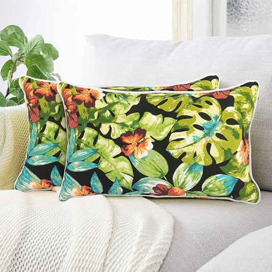 Lumbar Pillow Covers Set of 2, Outdoor Indoor Waterproof Decorative Patio Lumbar Pillowcase Shell 12x20 Inch, Rectangular Cushion Case for Couch Sofa Garden Farmhouse-Maui Tropical Black