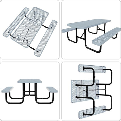 6 FT Heavy Duty Picnic Table with 2 Benches, Expanded Metal Outdoor Patio Dining Table with Umbrealla Hole Commercial Picnic Table,Rectangular Table Furniture Set for Garden, Lawn, Parks