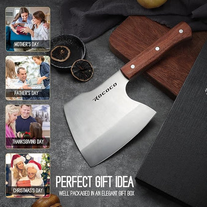 ROCOCO Meat Bone Cleaver Knife for Meat Cutting Heavy Duty Butcher Axes Hand Forged Full Tang Chopper for Kitchen Thanksgiving Christmas Gifts Idea Men Silver
