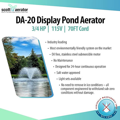 Scott Aerator DA-20 Display Pond Aerator - 3/4 Horse Power 115V 100ft Cord | Aerating Pond Fountain for Up to 1 Acre | Pond Aerator Pump for Small Ponds | Pond Aeration System