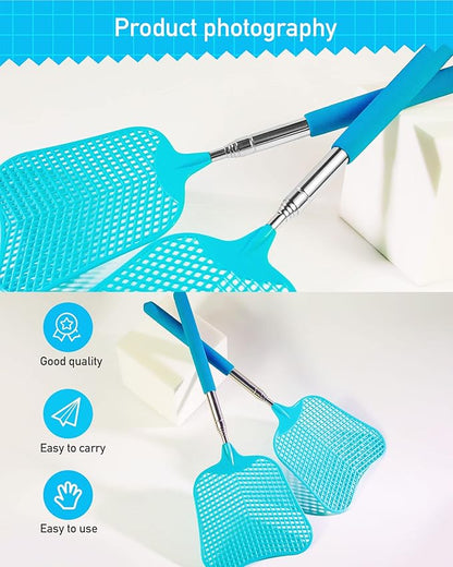 Wapodeai 2 Pack Fly Swatters Heavy Duty Set, Telescopic Fly Swatter, Stainless Steel Handle for Flyswatter (Blue)