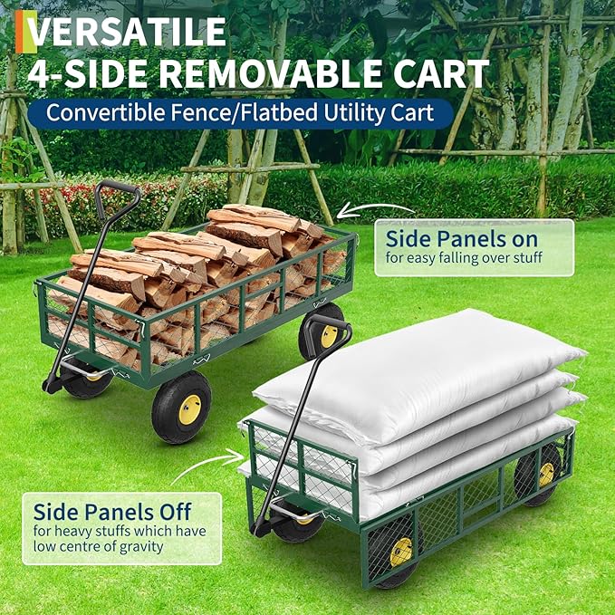 GarveeLife 900 LBS Garden Dump Cart with Removable Sidewalls, Heavy Duty Steel Dump Wagon with 180° Swivel Handle & 10 in Tires, Yard Cart Utility Wheelbarrow for Backyard Farm