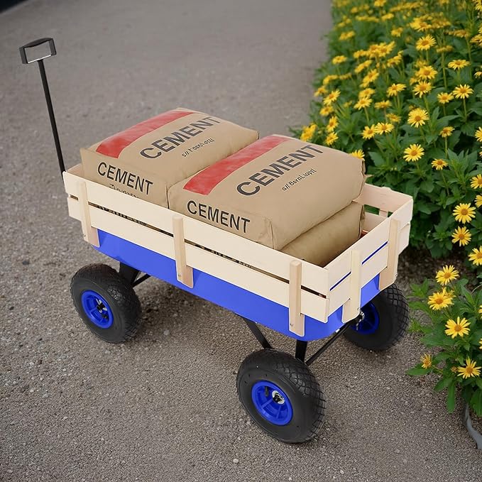 Outvita All-Terrain Cargo Wagon with 10'' Air Tires, Steel Structure Wagon with Removable Wooden Side Panels for Kids, Garden and Cargo, Up to 220lbs Capacity, 38'' L x 19'' W x 31'' H (Blue)