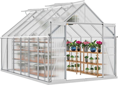 DWVO 8x12FT Polycarbonate Greenhouse Heavy Duty Green Houses Outdoor Aluminum Greenhouses with Sliding Doors Vent Window Walk-in Greenhouse Large Sun House for Garden Backyard, Matte Sliver