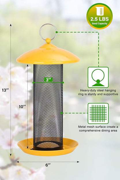 Gtongoko Finch Bird Feeders for Outdoors 2.5 LB Capacity Squirrel Proof Metal Tube Bird Feeders Thistle & Nyjer Seed Hanging Feeder, Yellow, 1 Pack