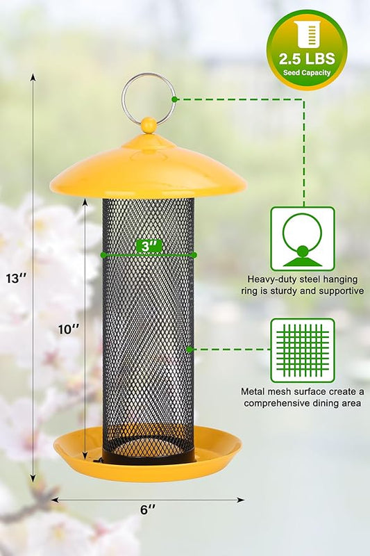 Gtongoko Finch Bird Feeders for Outdoors 2.5 LB Capacity Squirrel Proof Metal Tube Bird Feeders Thistle & Nyjer Seed Hanging Feeder, Yellow, 1 Pack