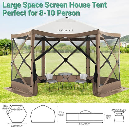 COBIZI 12x12ft Pop up Gazebo Screen Tent Screen House for Camping, Camping Outdoor Screened Gazebo with Mosquito Netting, Portable Hub Tent with Carrying Bag and Ground Stakes, Brown(Upgraded 2.0)