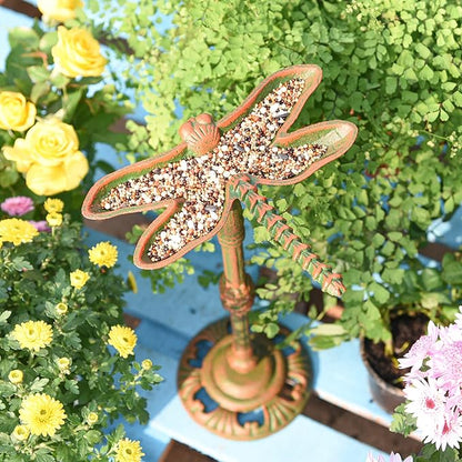 Sungmor Heavy Duty Cast Iron Small Bird Bath for Garden - Wild Bird Water Bath Food Holder - Outdoor Yard Standing Feeder with Vintage Special Color & Lovely Dragonfly Shape - Great Garden Ornament