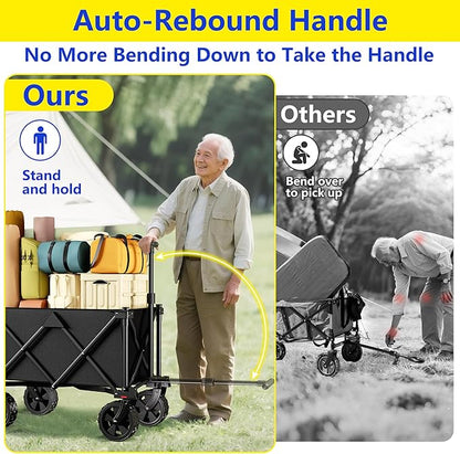 BEAU JARDIN Collapsible Folding Wagon Cart with Big Wheels Foldable Cart with 400LBS Capacity Utility Lightweight Wagon Heavy Duty Grocery Cart for Camping Garden Outdoor Fishing Sports Shopping Black
