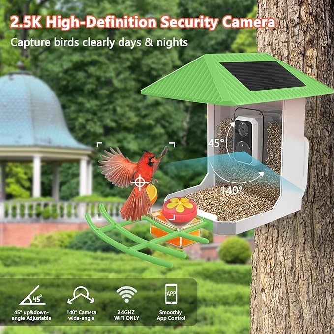 2.5K Smart Bird Feeder with Camera, 2.5L Birds Watching Camera with AI Identify Bird Species, Outdoor Birds Feeder House with Solar Panel for BirdLovers (Cyan)
