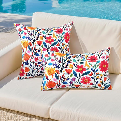 Outdoor Pillow Covers 18x18 Inch Set of 2 Floral Printed Boho Throw Pillows Cases Waterproof Square Garden Cushion Sham for Spring Summer Patio Funiture Tent Balcony Bench Sofa Couch