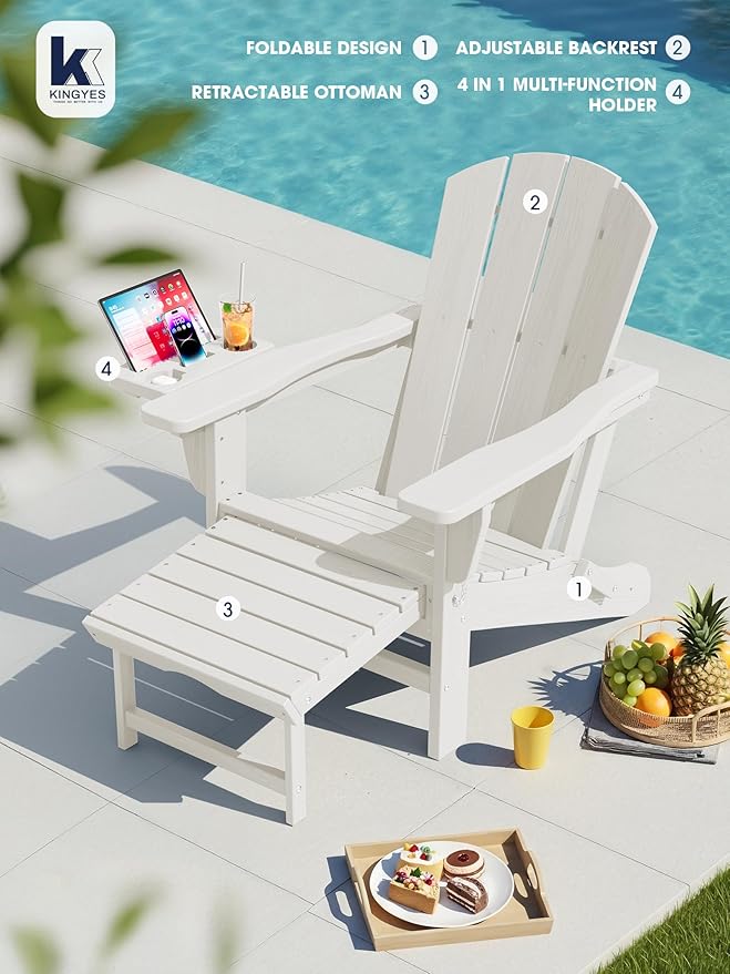 KINGYES Adjustable Folding Adirondack Chair with Footrest & 4-in-1 Multi-Functional Armrest Organizer Set of 2, HDPE Foldable Reclining Adirondack Chair with Pull-Out Ottoman, White