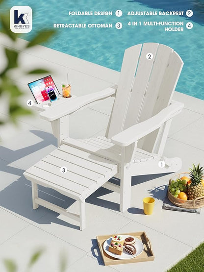 KINGYES Adjustable Folding Adirondack Chair with Footrest & 4-in-1 Multi-Functional Armrest Organizer Set of 2, HDPE Foldable Reclining Adirondack Chair with Pull-Out Ottoman, White