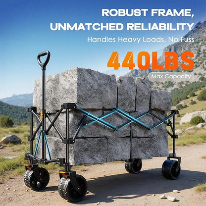 Navatiee 300L Collapsible Wagon Cart Foldable Extra Large, 48''L Folding Extended Beach Wagon with 440LBS Weight Capacity and Big All-Terrain Wheels, Heavy Duty Utility Garden Cart for Sports Outdoor
