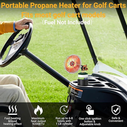 Golf Cart Heater,9200BTU Outdoor Propane Patio Heater with Golf Cart Cup Holder and Self Ignition for EZGO Yamaha Club Car,Most Golf Cart-Fuel Cylinder not included