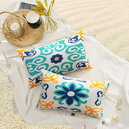 Outdoor Waterproof Throw Pillow Covers Set of 4 Floral Printed and Boho Farmhouse Outdoor Pillow Covers for Patio Funiture Garden 12x20 Inch Blue