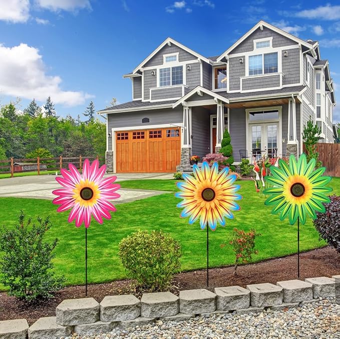 3PCS Sunflower Pinwheels Outdoor Wind Spinners, Colorful Flower Windmill Decorative Pinwheel for Garden, Yard, Party Outdoor Decor(Green, Blue, Pink)