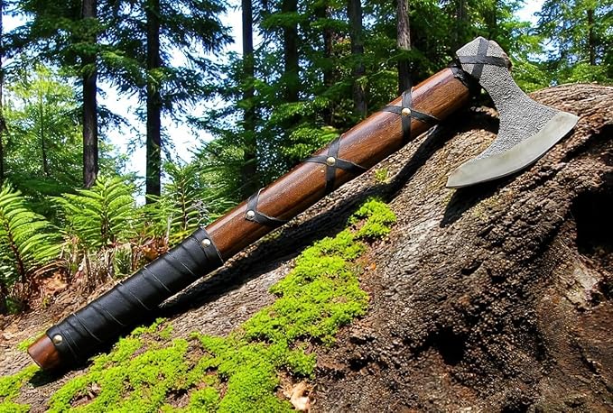 AX-7000 Custom Gift Forged Carbon Steel Viking Axe with Rose Wood Shaft, Viking Bearded Camping Axe (AX-7000) (AX-5936)