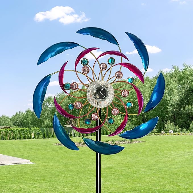 46" Wind Spinners for Yard and Garden with Solar LED Light, Metal Kinetic Wind Spinner Outdoor Decor, Wind Sculpture Yard Art Decorations for Patio, Lawn & Garden