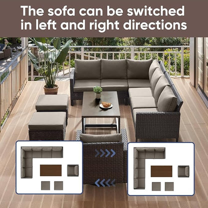 HUMMUH 10 Piece Patio Furniture Set PE Wicker 3 Outdoor Sectional Sofa Set with Patio Swivel Chairs Dinning Table Ottomans for Porch,Garden,Backyard,Deck(Brown/Grey)