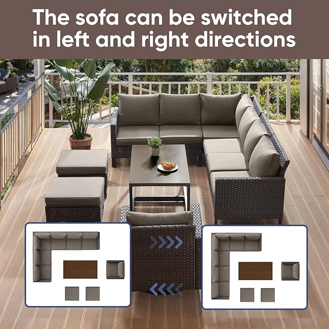 HUMMUH 10 Piece Patio Furniture Set PE Wicker 3 Outdoor Sectional Sofa Set with Patio Chairs Dinning Table Ottomans for Porch,Garden,Backyard,Deck(Brown/Grey)