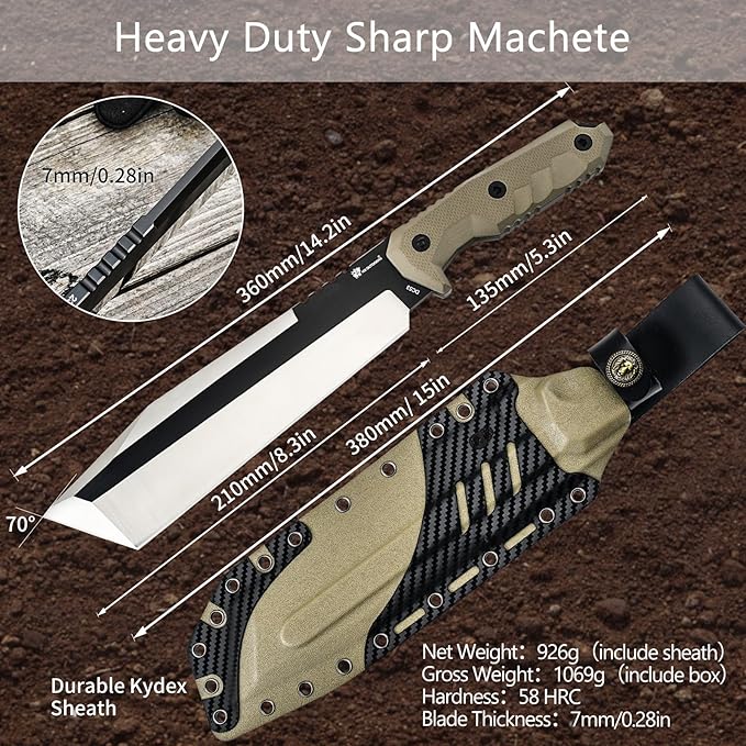 HX OUTDOORS 14 Inch Machete Camping Knife, Premium DC53 Steel Fixed Blade Knife, Kukri Gardening Machete with Kydex Sheath for Yard Work, Cutting Trees, Clearing Brush