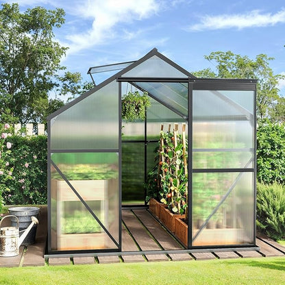Gizoon 8x6 FT Outdoor Greenhouse, Polycarbonate Walk-in Garden House with Adjustable Roof Vent & Sliding Door, Aluminum Frame Garden Plant House for Backyard, Patio and Gardening (Black)