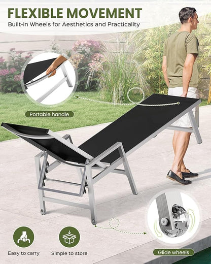 Patio Chaise Lounge Chair Outdoor with Wheels&Armrests, Aluminum Pool Lounge Chairs 5-Position Adjustable Recliner, Outdoor Beach Lounge Chairs for Poolside, Patio, Deck, Yard, Black