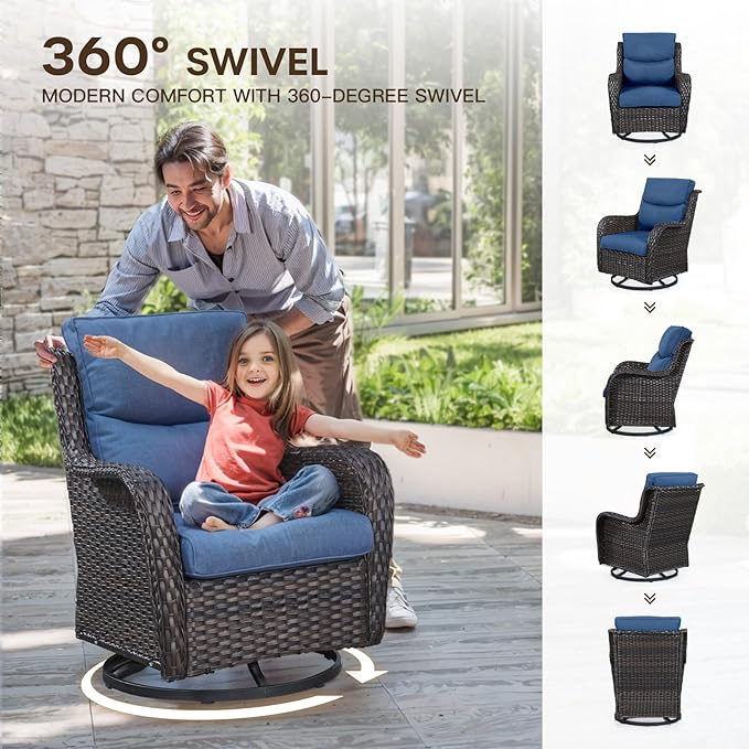 Patio Swivel Chairs with Smile-Shaped Cushions, 3 Piece High Back Patio Swivel Glider Chairs with Side Table 3PCS PE Rattan Luxury Swivel Patio Chair Set Brown Wicker - Blue Cushions