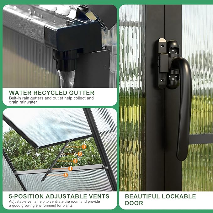 Outdoor Polycarbonate Greenhouse 12x10x10 FT Aluminum Frame Transparent Panels Heavy Duty Green House Kit with Windows Vents Door for Backyard Garden, Large Outsides Walk in Plant Greenhouses,Black