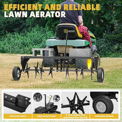 48" Lawn Aerator Tow Behind, Pull Behind Aerator with Universal Hitch, 32 Galvanized Steel Tines, Tray and Pneumatic Tires, Plug Behind Aerator is Suitable for Gardens, Lawns and Farms
