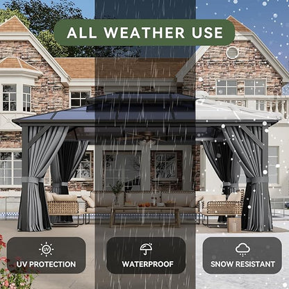 Aoxun 12'x16' Hardtop Gazebo, Aluminum Frame Permanent Pavilion with Curtains and Netting, Outdoor Polycarbonate Double Roof Canopy, Designed for Garden, Lawns, Patio
