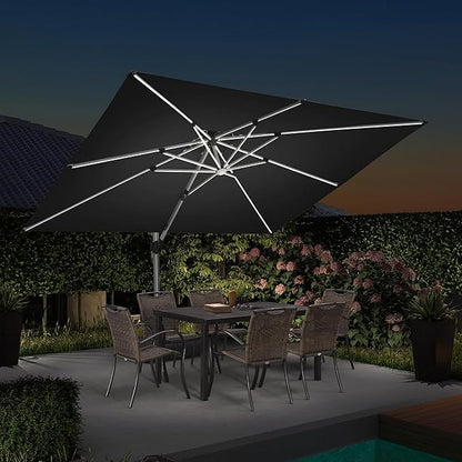 PURPLE LEAF 9' X 12' Solar Powered LED Rectangle Cantilever Umbrella With Base Patio Umbrellas Windproof Hanging Umbrella Outdoor Offset Umbrellas, Black