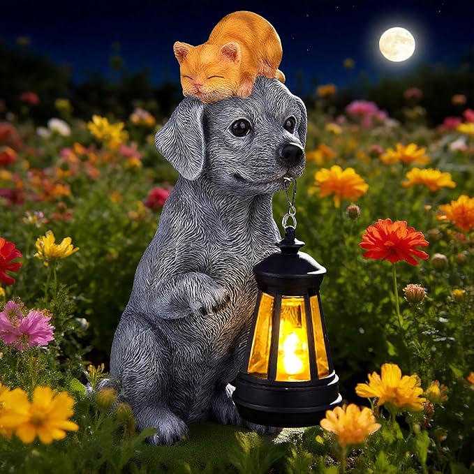 ILLUMINEW Solar Dog Garden Statue with Lantern and Sleeping Cat – Resin Pet Figurine Light for Outdoor Yard Decor, Gifts for Women, Mom, Grandma
