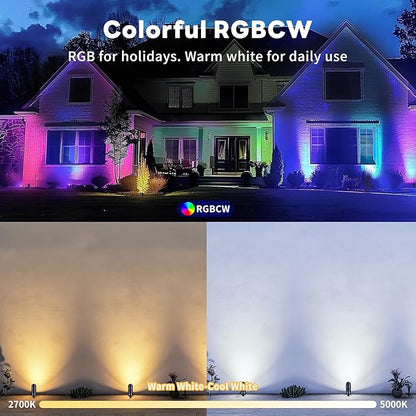 Smart Landscape Spotlights Low Voltage - RGBCW 5W LED Outdoor Uplight, 12V Landscape Spot Lights App Controlled, IP65 Waterproof Wired Aluminum, Black for Exterior House Tree Garden Yard