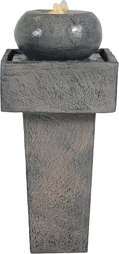 Merax 25.59" H Minimalist Concrete Column Fountain–LED-Lit Modern Outdoor Oasis, Durable Landscape Feature for Patio, Porch