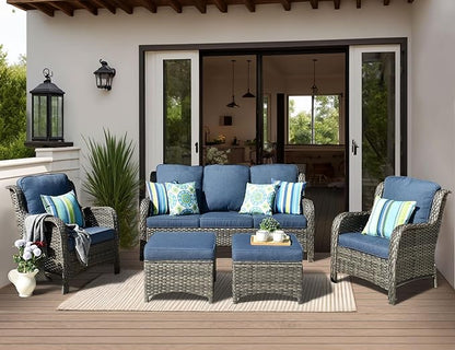 HOOOWOOO Patio Furniture Set,5 Piece Outdoor Furniture Set,Wicker Patio Conversation Couch Chairs Ottoman Set,Denim Blue