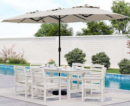 SERWALL 8-Piece Patio Dining Sets with 15FT Double Side Patio Umbrella, Outdoor HDPE Dining Furniture Set with Umbrella Hole Cut-Out Table and 6 Chairs, White（Umbreall Base not Included）