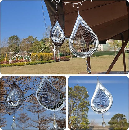 2PCS Wind Spinner 3D Stainless Steel Metal Sculptures Decorations, Water Droplets Wind Sculptures & Spinners, Outdoor Hanging Garden Decoration, Bird Devices Deterrent for Outside to Scare Birds Away