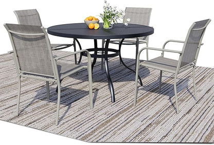 5 Pieces Round Dining Table Set for 4, Patio Dining Set Includes 4 Grey Stackable Patio Chairs and 1 Black Mesh Round Table, Patio Furniture Sets with Sling Support for Outside, Garden