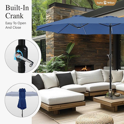 Sophia & William 15 ft Extra Large Patio Umbrella with Base Included, Rectangular Outdoor Umbrella Heavy Duty, Market Umbrella Double-sided Fade Resistant for Pool Garden Backyard, Haze Blue
