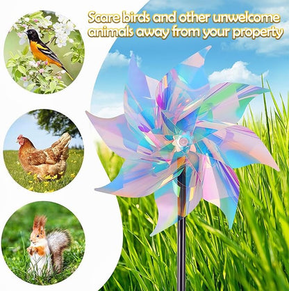 Hausse 10 Pack Reflective Pinwheels Wind Spinner, Extra Sparkly Pinwheel with Stakes, Bird Repellent Blinder Devices Deterrent to Scare Birds Away from Yard Patio Farm Garden, Transparent Rainbow